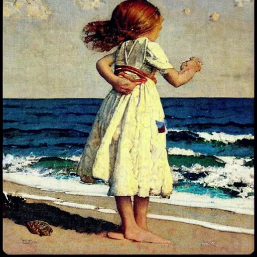 Image similar to “young girl at the beach by Norman Rockwell”