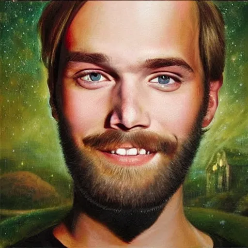 Image similar to PewDiePie with a square head, painted by Gilbert Williams