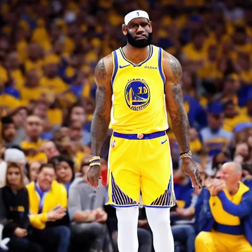 Image similar to professional close!!! up shot photograph of lebron james wearing a golden state warriors jersey in an nba game, wearing nba jersey, standing, clear image, as seen on getty images, smooth, uncompressed,
