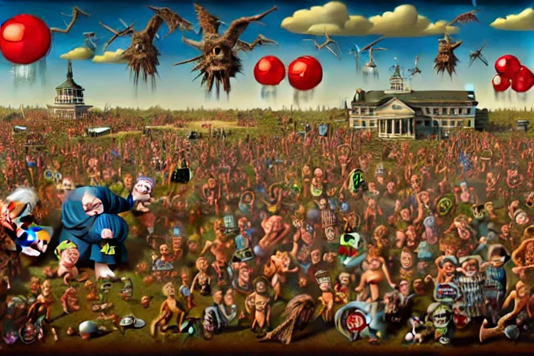 Image similar to a sparsely populated strange battle in an old hospital between old people and babies Robert Williams Mark Ryden and Alex Gross, Todd Schorr highly detailed deep perspective perfect composition