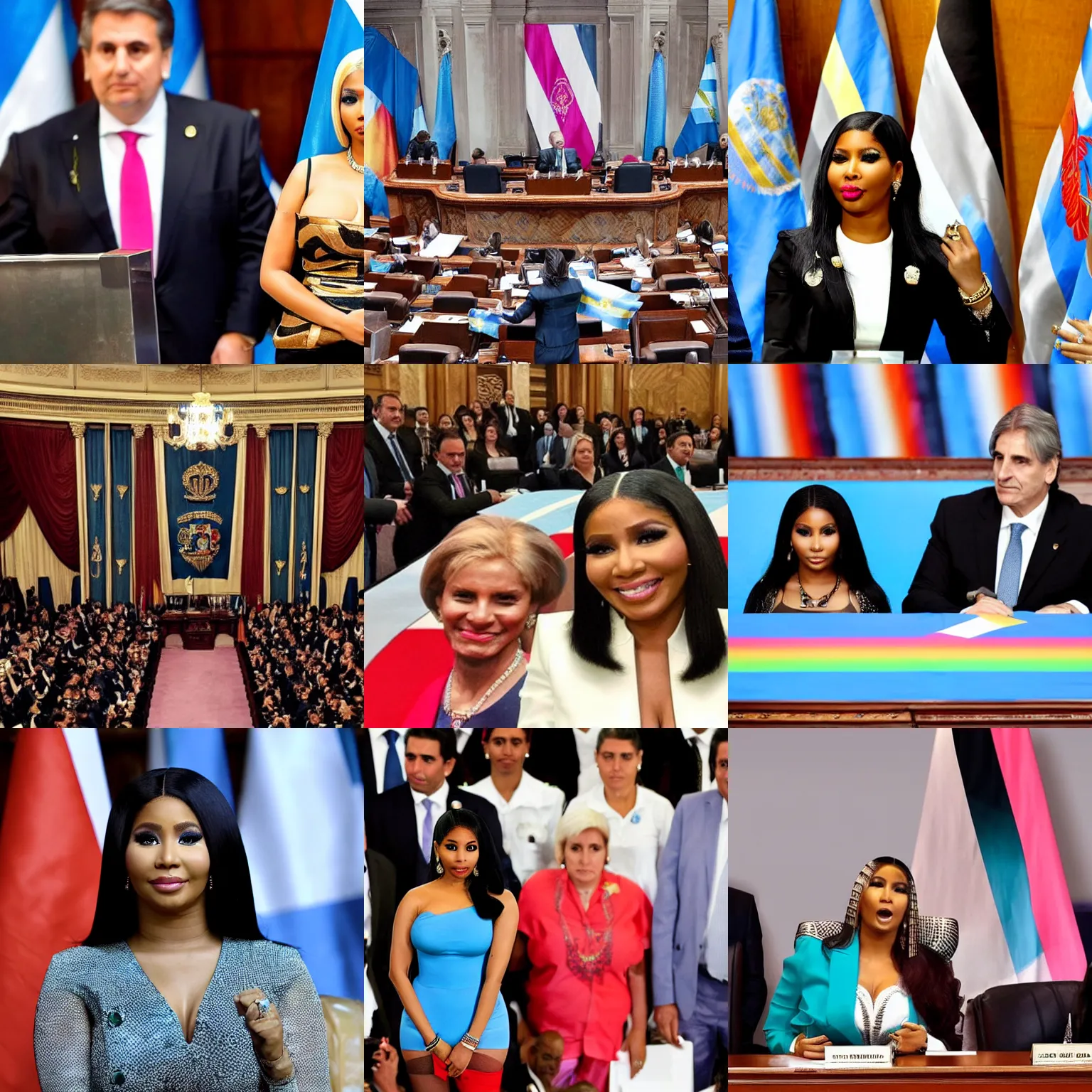 Image similar to Nicki Minaj president of Argentina, in the Argentine Congress, flags of Argentina behind, detailed picture