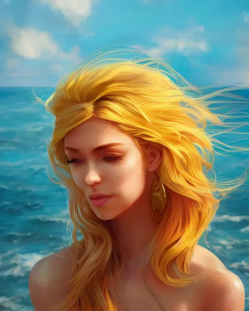 Prompt: summer vibes, beautiful sun goddess, flowy yellow golden hair, sun, summer, cinematic lighting, highly detailed, digital painting, trending on artstation, pixiv, concept art, sharp focus, illustration, art by ross tran and wlop