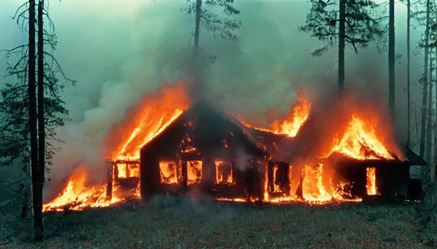 Prompt: 1 9 7 0 s movie still of a burning house in a pine forest, cinestill 8 0 0 t 3 5 mm, high quality, heavy grain, high detail, texture, dramatic light, ultra wide lens, panoramic anamorphic, hyperrealistic,