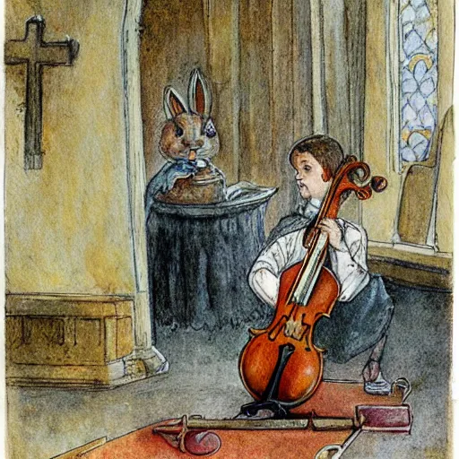 Image similar to a rabbit playing violin inside a church, in the style of carl larsson