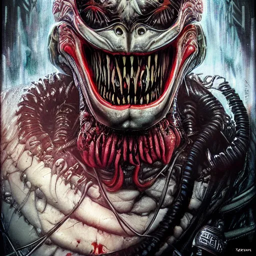 Image similar to lofi scorn giger alien venom joker biopunk portrait, Pixar style, by Tristan Eaton Stanley Artgerm and Tom Bagshaw.