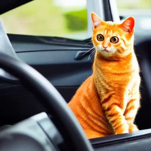 Image similar to an orange tabby cat driving a car