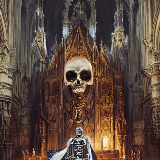 Image similar to Human skeleton, skeleton knight, majesty in noble clothes, king resting on a throne inside a cathedral, old castle, oil painting, by Fernanda Suarez and Greg Rutkowski