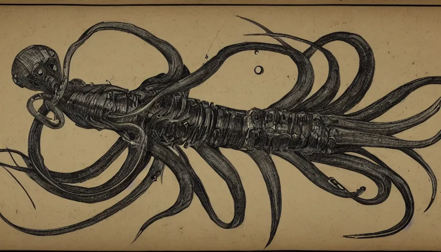 Image similar to encyclopedia drawing of a cyberpunk squid, manuscript, detailed