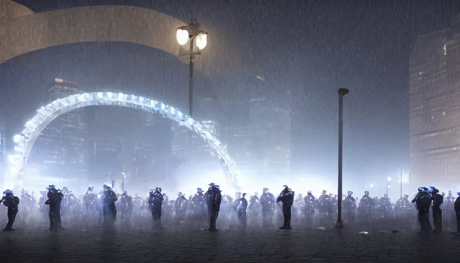 Image similar to policemen protect a huge spiral - shaped luminous object right in the center of the city from protesting people, night, rain and light fog, professional lighting, concept art in 3 d, high detail, professional lighting