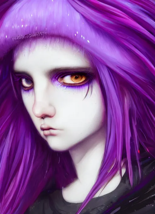 Image similar to hair blackbangs hair, white cyberlox, portrait of normal teenage girl, normal face, black bangs, messy bangs, fluffy bangs, cyberlox, whitebangs, red contact lenses, purple background, intricate, elegant, highly detailed, digital painting, artstation, concept art, sharp focus, smooth, illustration, art by wlop, mars ravelo and greg rutkowski