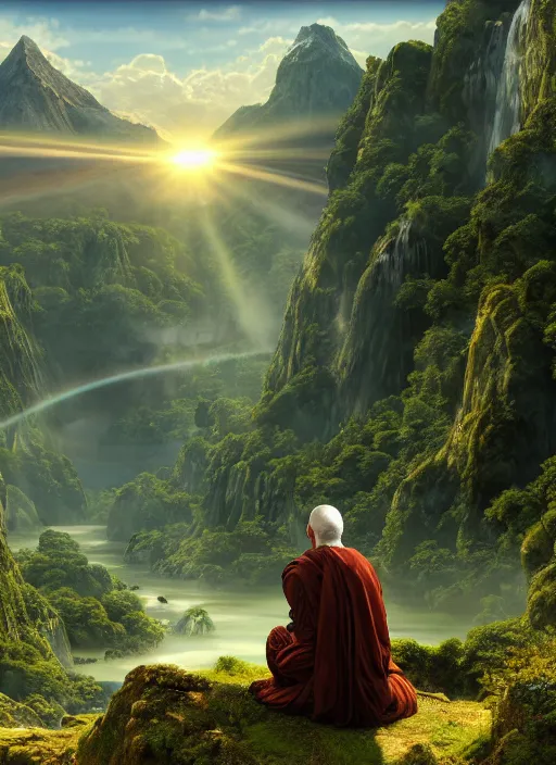 Prompt: an astral monk in lord of the rings scenery landscape, looking out at a vast lush valley at sunrise, big tibetan temple complex on a mountain in the distance, river, waterfall, god's rays, highly detailed, vivid color, cinematic lighting, perfect composition, 8 k, gustave dore, derek zabrocki, greg rutkowski, belsinski, octane render