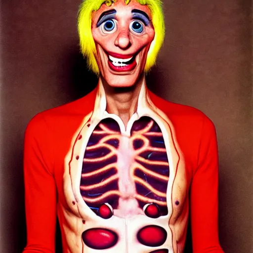 Image similar to uhd photorealisitc candid photo of anthony fauci dressed as slim goodbody. blood and guts everywhere. correct coostume. correct face, accurate face. photo by annie leibowitz and steve mccurry