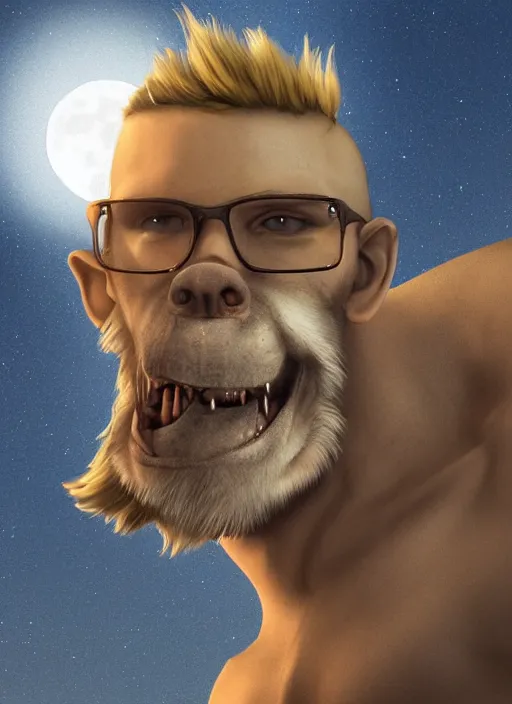 Prompt: guy with short blonde hair and glasses turning into a werewolf, full moon in the background, digital art, photorealistic, highly detailed, trending on artstation