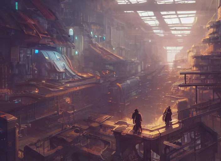 Image similar to inside a big cyberpunk manufactury, unreal engine, fantasy art by greg, loish, rhads, ferdinand knab, tom bagshaw, makoto shinkai and lois van baarle, rossdraws, ilya kuvshinov, night lighting, trending on studio ghibli, highly detailed, 8 k, octane render