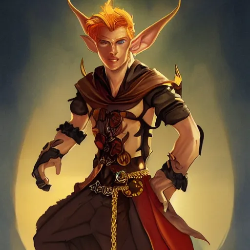 Image similar to dnd character portrait of a tanned half - elf with messy short red hair and yellow eyes with slit pupils, beautiful and androgynous with dark skin, catlike features, glowing, golden hour, wearing a stylish men's suit, by ross tran and gerald brom and alphonse mucha, trending on artstation