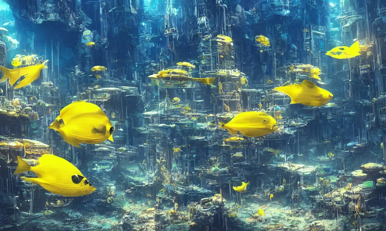 Prompt: “A scenic view of an abandoned underwater cyberpunk city from below, butterflyfish, jellyfish, sunlight through water, high definition, light effect, trending on artstation, blue and yellow color scheme”