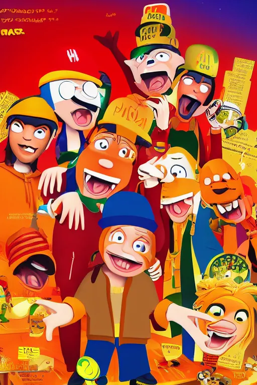 Image similar to parappa the rapper and tommy wiseau, ghanaian movie poster, highly detailed, olive garden, explosions, pasta, high octane render, hd, realism