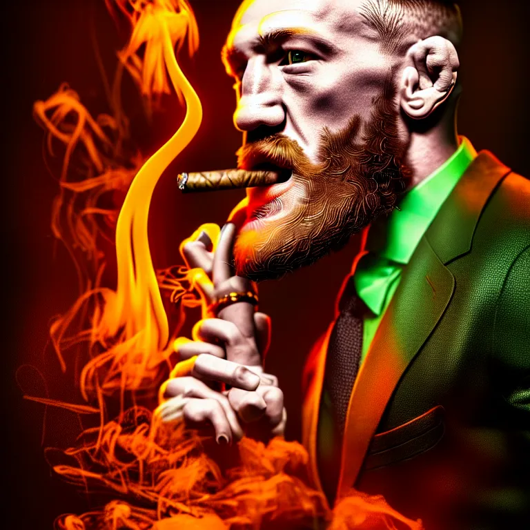 Image similar to a intricately detailed portrait of conor mcgregor smoking a lit cigar in an irish pub with a neon bar, smoke rising like clouds, balanced, trending on art station, volumetric lighting & shadows, hyper detailed, digital art, unreal engine, 4 0 0 mm f 1. 8,