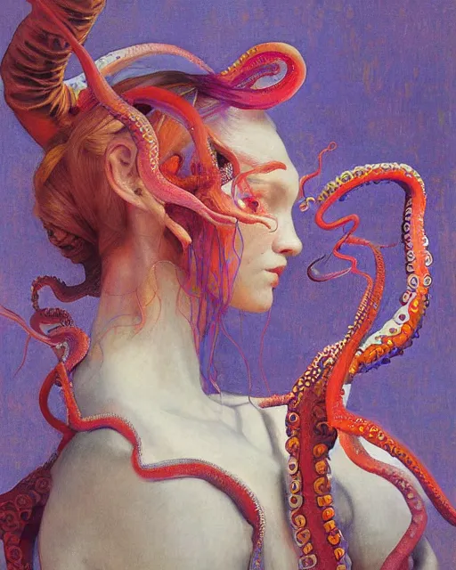 Image similar to a beautiful girl wearing a colourful octopus as a dress, painted by edgar maxence, edward hopper, wayne barlowe and james gilleard, airbrush, art by jamesjean