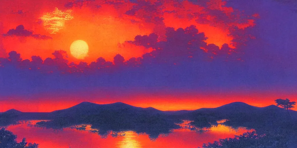 Image similar to awe inspiring bruce pennington landscape, digital art painting of 1 9 6 0 s, japan at night, red sunset, 4 k, 8 k, detailed