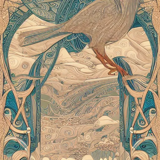 Image similar to excited birds life fantasycore landscape, precise and intricate linework, art nouveau cosmic 4 k detailed matte illustration featured on cgsociety, cgsociety, ivory and firebrick color scheme, pastiche by maurice esteve, pastiche by peter wells