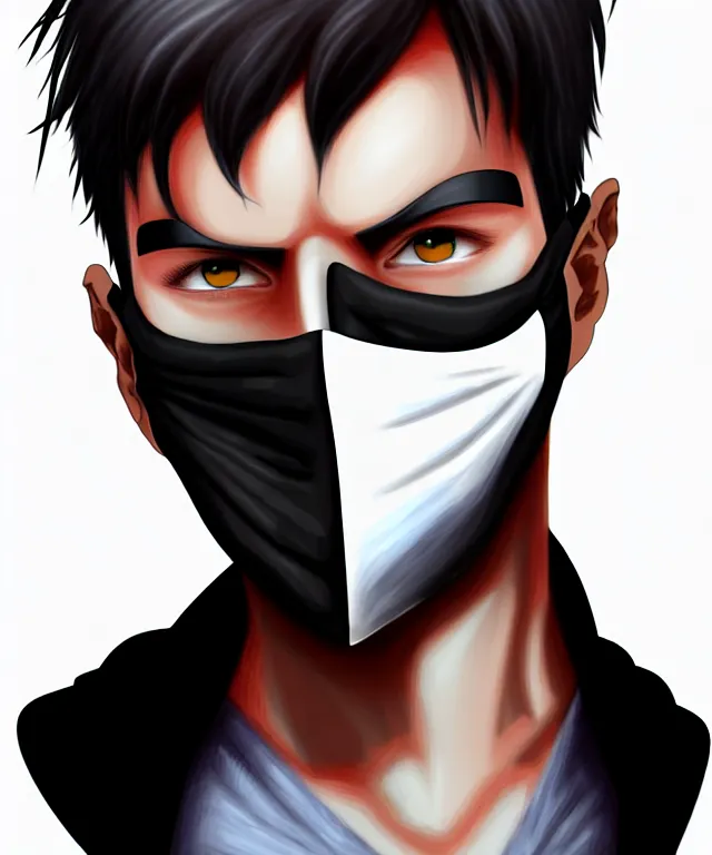 Image similar to white man with black fabric mask, short dark hair, true anatomy!, digital painting, style of akira anime