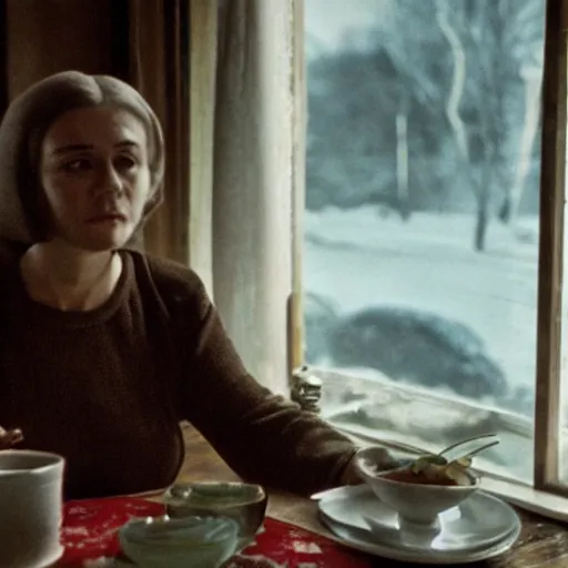 Image similar to 4 k remaster extremely detailed cinematic movie still from soviet movie a soviet woman sitting at a table next to the window with food, dark warm light, a character portrait by margarita terekhova, movie stalker solaris film still by andrei tarkovsky, 8 k, close - up bokeh, gelios lens, color, noir