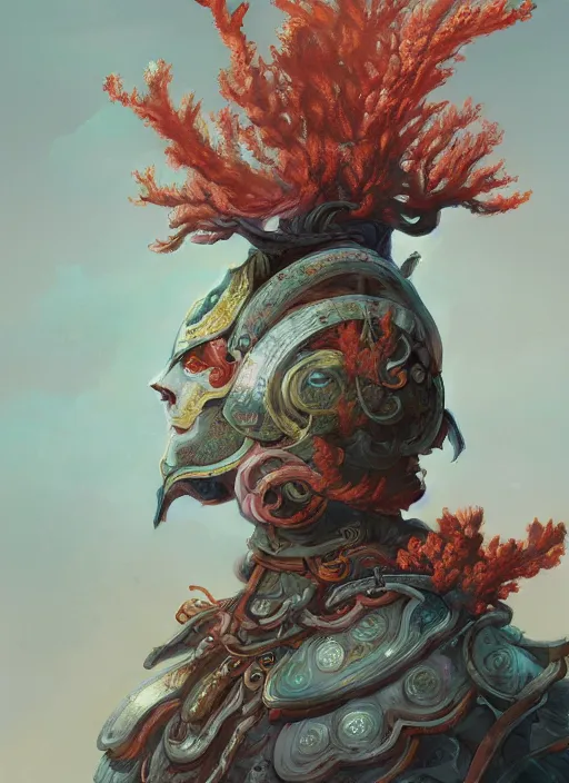 Image similar to Helmet of a forgotten Deity, corals, ribbons made of seaweed, extremly detailed digital painting, in the style of Fenghua Zhong and Ruan Jia and jeremy lipking and Peter Mohrbacher, mystical colors, rim light, beautiful lighting, 8k, stunning scene, raytracing, octane, trending on artstation