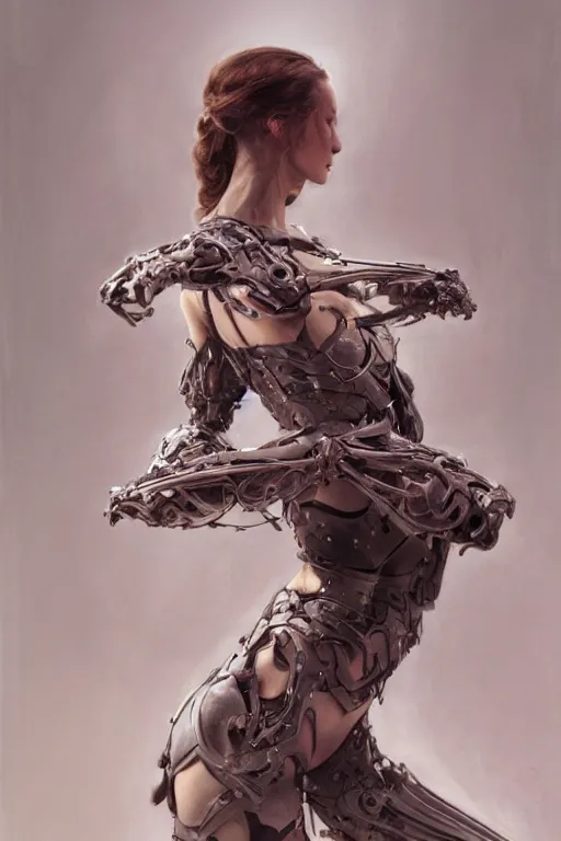 Image similar to > professional portrait of female biomechanic famous actress in pose , armor elements , long dark hair, beautiful bone structure, symmetrical facial features, intricate, elegant, digital painting, concept art, smooth, sharp focus, illustration, by Ruan Jia and Mandy Jurgens , and mucha, and Artgerm and William-Adolphe Bouguerea