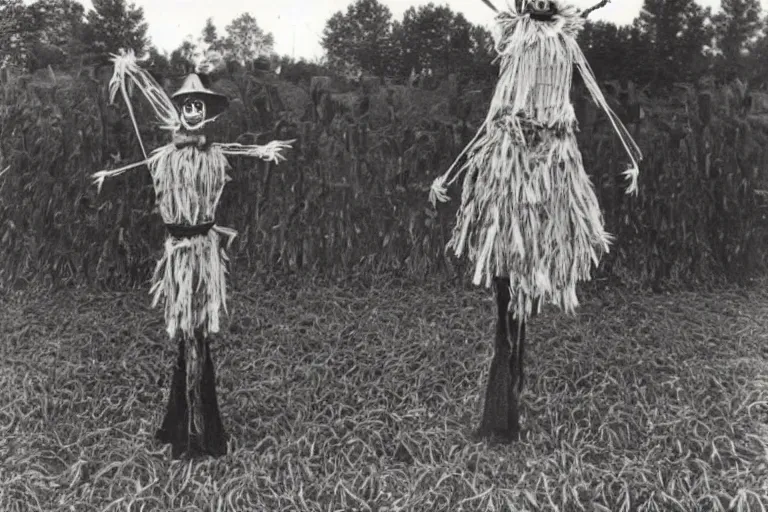 Image similar to frightening scarecrow from the early 1 9 0 0's dancing in the cornfields