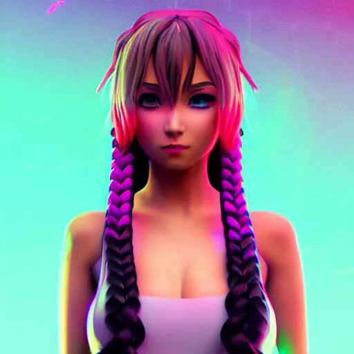 Prompt: synthwave render as a very beautiful 3d anime girl, hot petite, long braided hair, hazel eyes, full round face, short smile, cinematic lightning, medium shot, mid-shot, highly detailed, trending on Artstation, Unreal Engine 4k, cinematic wallpaper