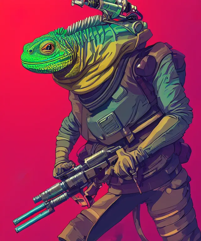 Image similar to a portrait of an anthropomorphic iguana holding a bazooka, cyberpunk!, fantasy, elegant, digital painting, artstation, concept art, matte, sharp focus, illustration, art by josan gonzalez