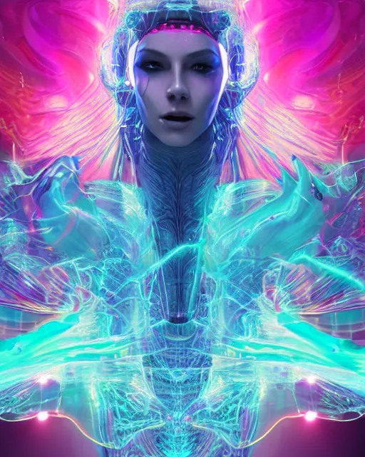 Image similar to a powerful energy psychedelic matrix queen, by alexander fedosav, hyper detailed digital matte painting, concept art, hyperrealism, 1 6 k resolution, cinema 4 d, 8 k resolution, trending on artstation, behance hd, a masterpiece, by stephan martiniere, particles, cel - shaded, power bright neon energy, by david a. hardy,