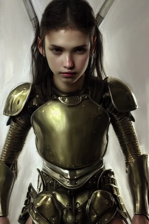 Image similar to a photorealistic painting of an attractive young girl, partially clothed in metal-plated battle armor, scratched and dirty, olive skin, long dark hair, beautiful bone structure, symmetrical face, perfect eyes, intricate, elegant, digital painting, concept art, illustration, sharp focus, minimal artifacts, volumetric lighting, from Metal Gear, in the style of Ruan Jia and Mandy Jurgens and Greg Rutkowski, trending on Artstation, award winning