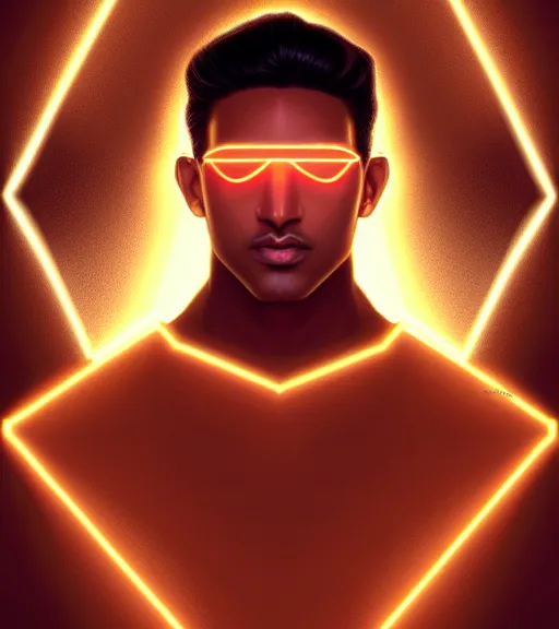 Image similar to symmetry!! indian prince of technology, solid cube of light, hard edges, product render retro - futuristic poster scifi, lasers and neon circuits, brown skin handsome indian prince, intricate, elegant, highly detailed, digital painting, artstation, concept art, smooth, sharp focus, illustration, dreamlike, art by artgerm