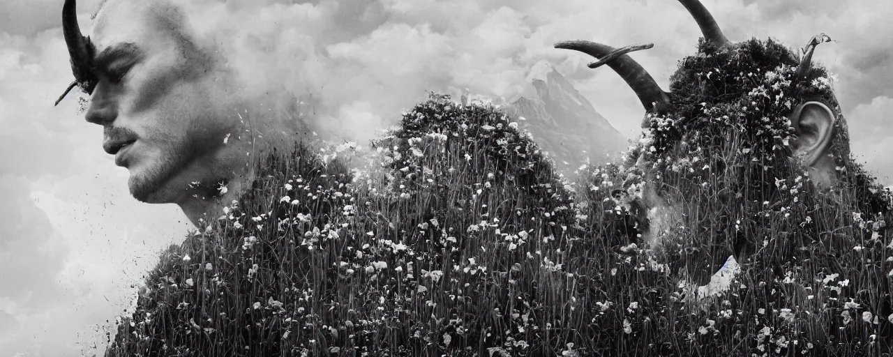 Prompt: mysterious scene of tyrolean farmer transforming into hay man with horns, roots and edelweiss flowers growing out of the body, 35mm double-exposure photo, deep shadows, german expressionism, dolomites in background ,noir, slightly colorful, photorealistic, detailed smoke, natural bones and skin, natural textures, depth of field, ambient occlusion, motion blur, HD, masterpiece, volumetric, chromatic aberration by Richard Avedon, style of Ade Santora, perfect composition, masterpiece, intricate detailed