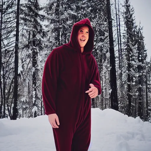 Prompt: An adult wearing a onesie in winter, realistic,photograph