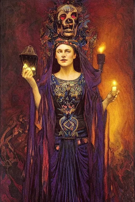 Image similar to queen of the dead with her lantern and regalia, by Annie Swynnerton and Nicholas Roerich and jean delville and Gaston Bussière, black leather and embroidered velvet, iridescent beetles, rich color, dramatic cinematic lighting, extremely detailed