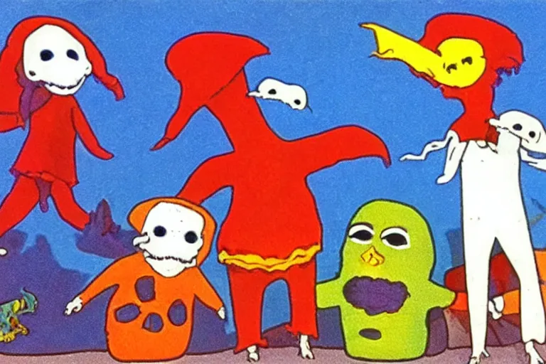 Image similar to a full color still from a weird 1 9 7 3 kids show about death, pirate puppets, fuzzy ghost