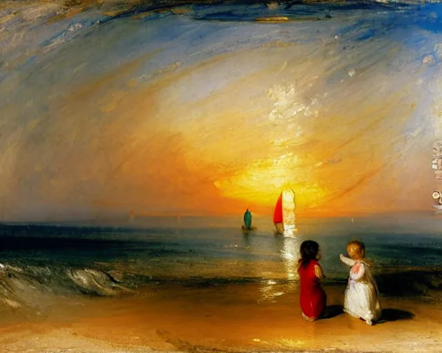 Image similar to a couple and a girl toddler on a beach in sardinia looking at the sunset, there is a sailing boat on the horizon, the woman has long dark hair, white sand, blue sky, summer, white and blue, painting by j. m. w. turner in 2 0 2 2