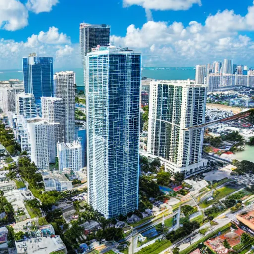 Prompt: isometric real photo of North Miami highrises on a sunny day, Miami skyline, HDR, DSLR photography, wide lens, high angle