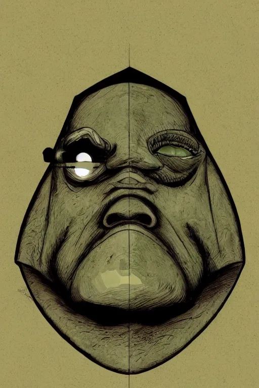 Image similar to portrait of triangle shaped ogre head with single centered giant bloodshot eye, in the style of Greg Broadmore and Arthur Rackham,trending on artstation, light lighting side view,digital art,surrealism ,macro,blueprint ,vaporwave ,