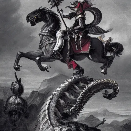 Prompt: French hussar riding on top of the dragon. 19th century battle. Highly detailed art, artstation.
