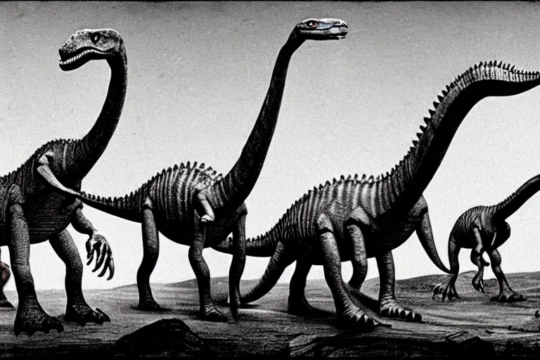 Prompt: The first picture ever taken on earth, at the time of dinosaurs, 65 million years ago. There are diplodocus and stegosaurs. Bad photo