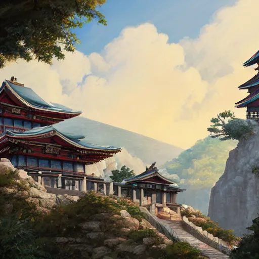 Prompt: concept art painting of a greek and japanese temple on a mountain cliff, overlooking a cozy village in a valley, realistic, detailed, cel shaded, in the style of makoto shinkai and greg rutkowski and james gurney