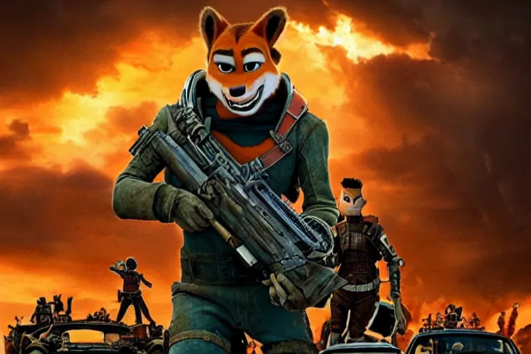 Image similar to nick wilde, heavily armed and armored facing down armageddon in a dark and gritty reboot from the makers of mad max : fury road