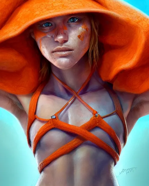 Prompt: muscular female fisherman, perfect face, bucket hat, orange halter top, ginger hair, abs, cinematic, freckles, stunning, athletic, strong, agile, highly detailed, psychedelic, digital painting, artstation, smooth, hard focus, illustration, art by jessica rossier and and brian froud