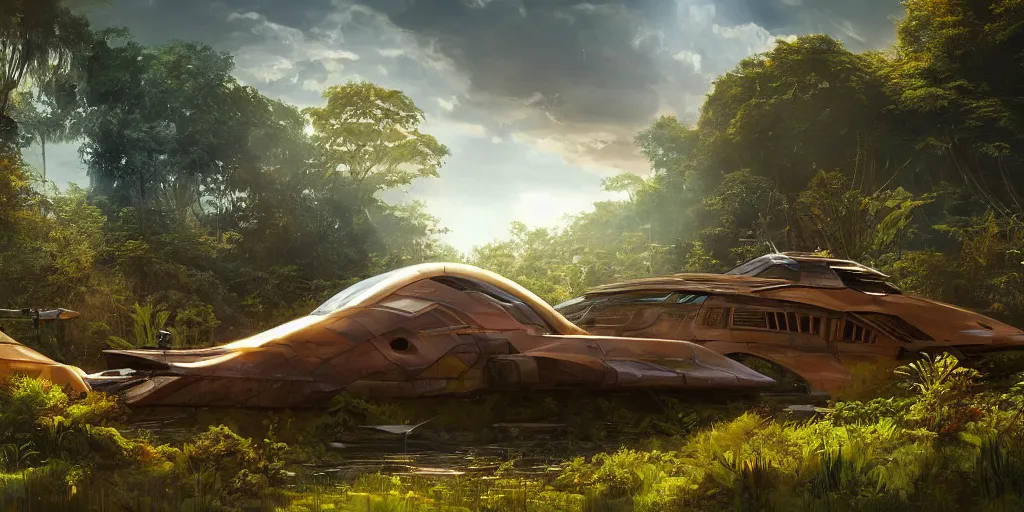 Image similar to a futuristic rusty old spaceship, on a landing pad, surrounded by a lush jungle, in the foreground two explorers are having a conversation, golden hour, sun beams, volumetric light, hyperdetailed, artstation, cgsociety, 8k