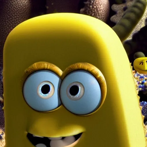Prompt: ultrarealistic spongebob with fine skin details, pores, and vellus hairs