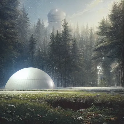 Image similar to mysterious glowing white domed sci-fi building, Ivan Shishkin and Greg Rutkowski